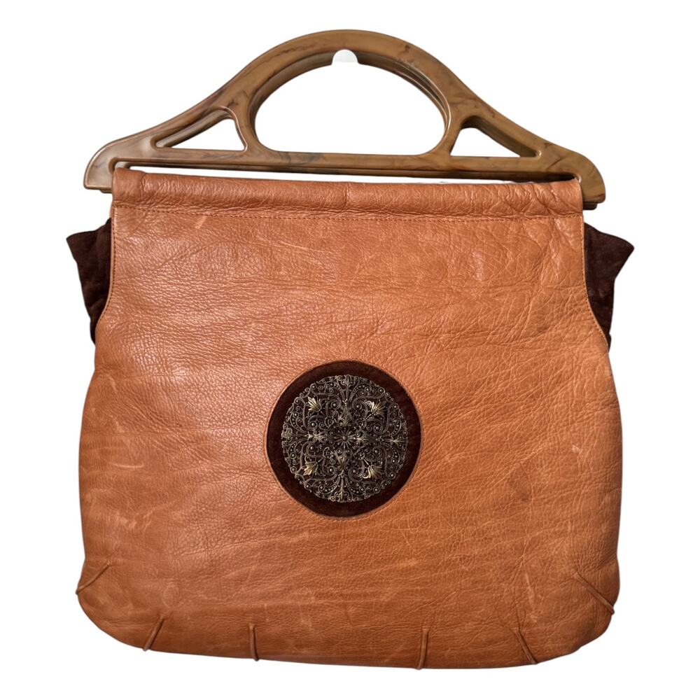 1990s Lilith NYC Acrylic Handle Leather Bag Cognac Brown Suede Purse